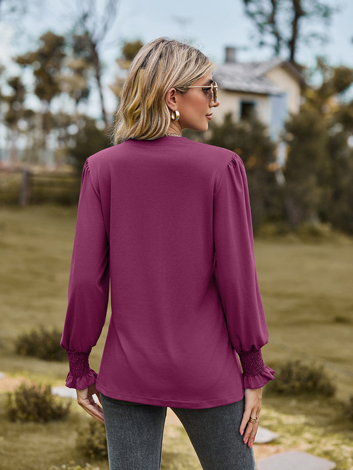 Notched Neck Flounce Sleeve Blouse nicholesgifts