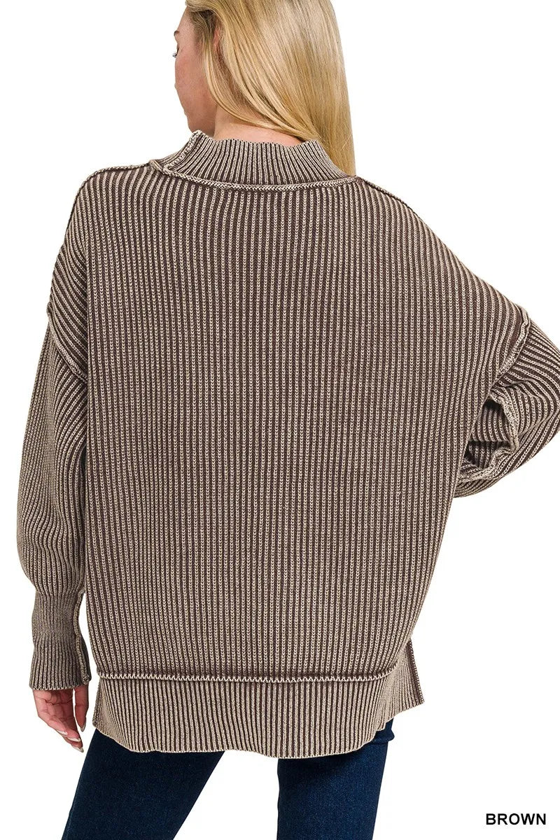 Zenana Washed Side Slit Oversized Sweater