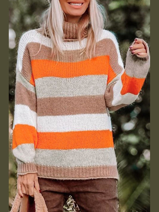 NicholesGifts Women Color Block Drop Shoulder Turtleneck Sweater NicholesGifts