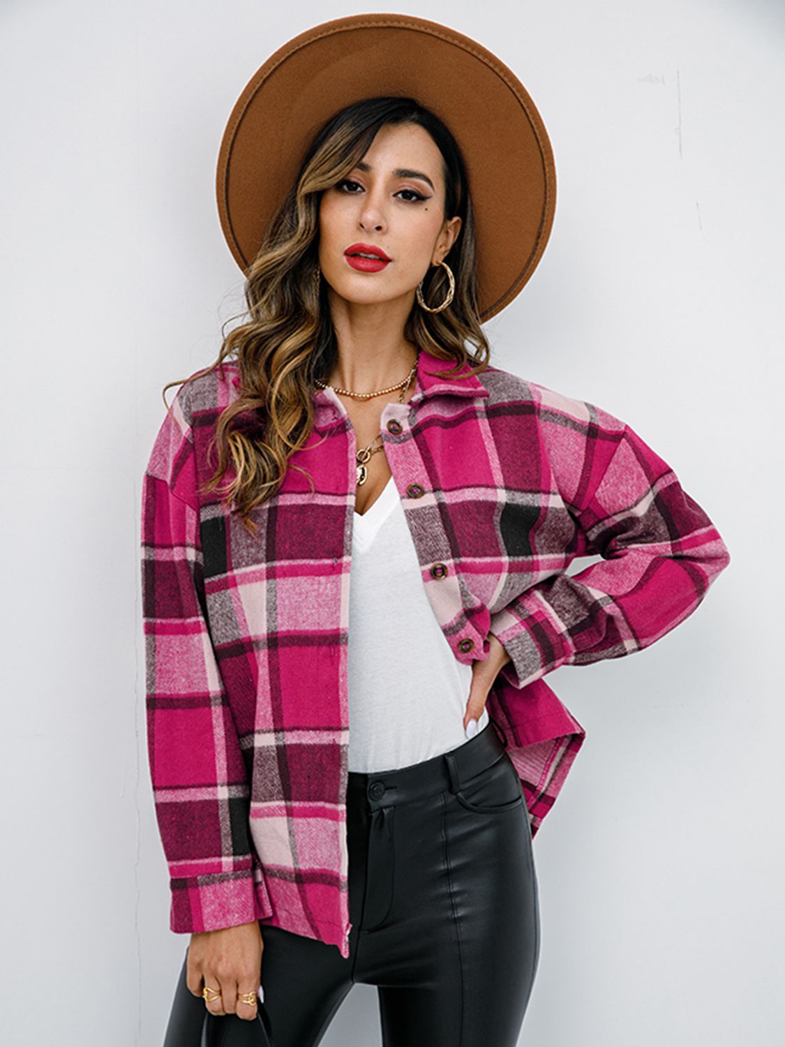 Shiny Plaid Button Up Collared Neck Jacket NicholesGifts