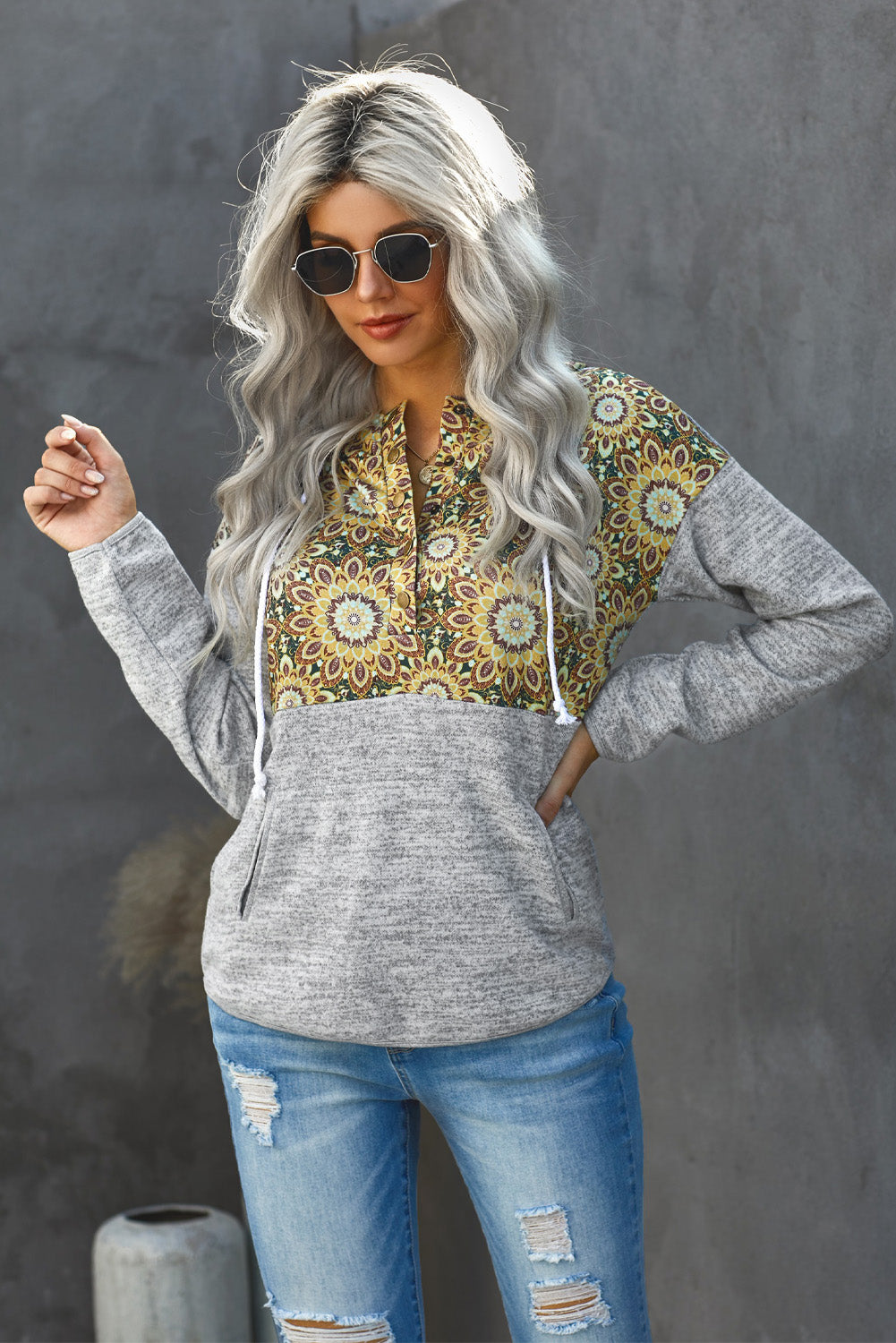 NicholesGifts Women Floral Drawstring Half Snap Hoodie NicholesGifts