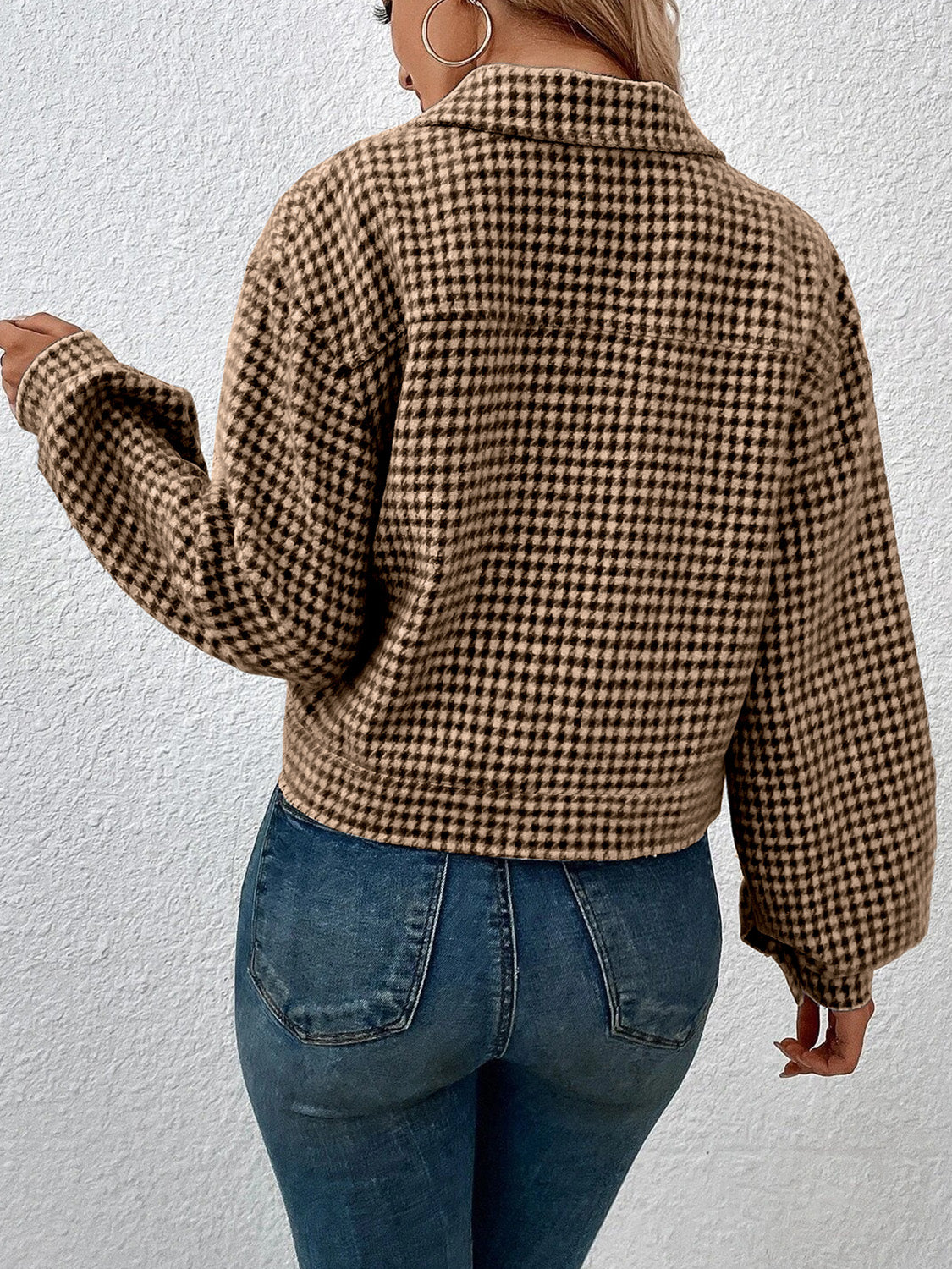 Houndstooth Collared Neck Button Up Jacket NicholesGifts