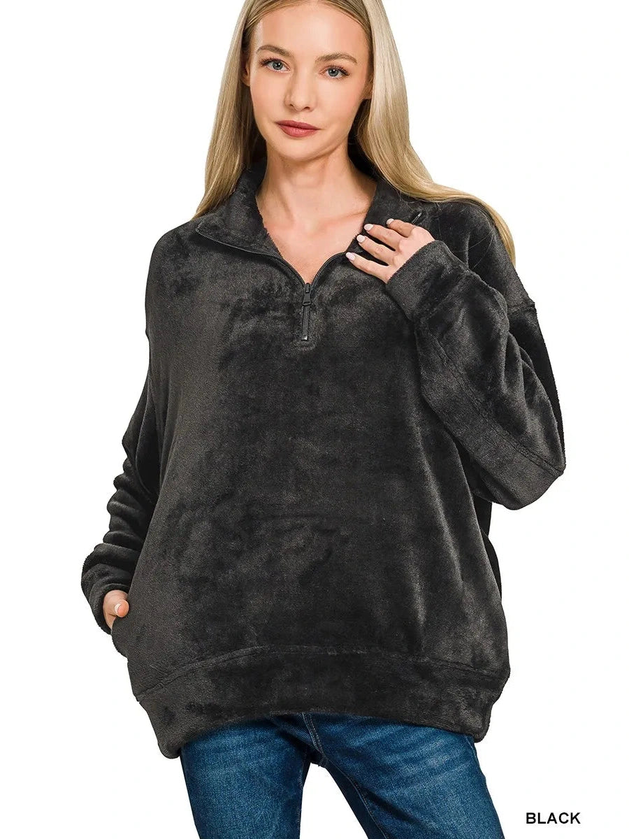 Zenana Faux Fur Half Zip Pocket Pullover Trendsi