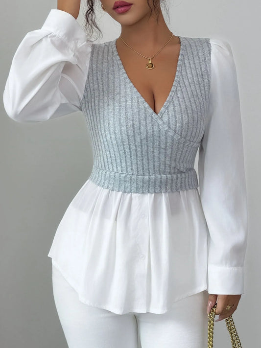 Ribbed Knit Splicing Contrast Long Sleeve Blouse NicholesGifts