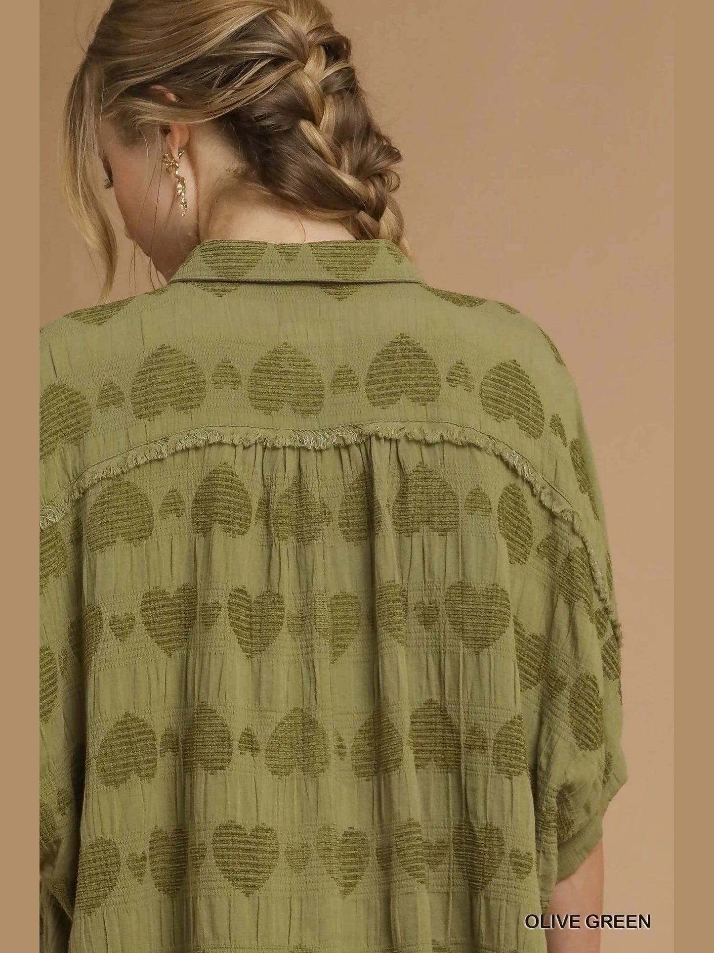 Women Umgee Jacquard Heart Collared Olive Green Short Sleeve Shirt NicholesGifts