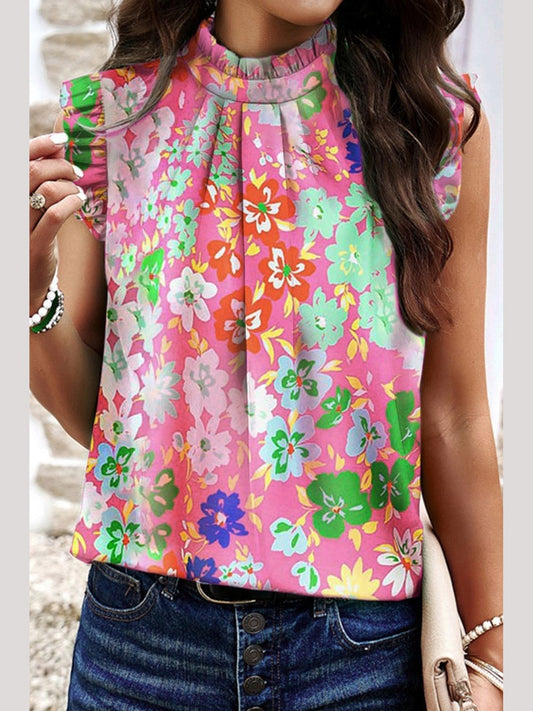 Women Ruffled Printed Mock Neck Cap Sleeve Blouse