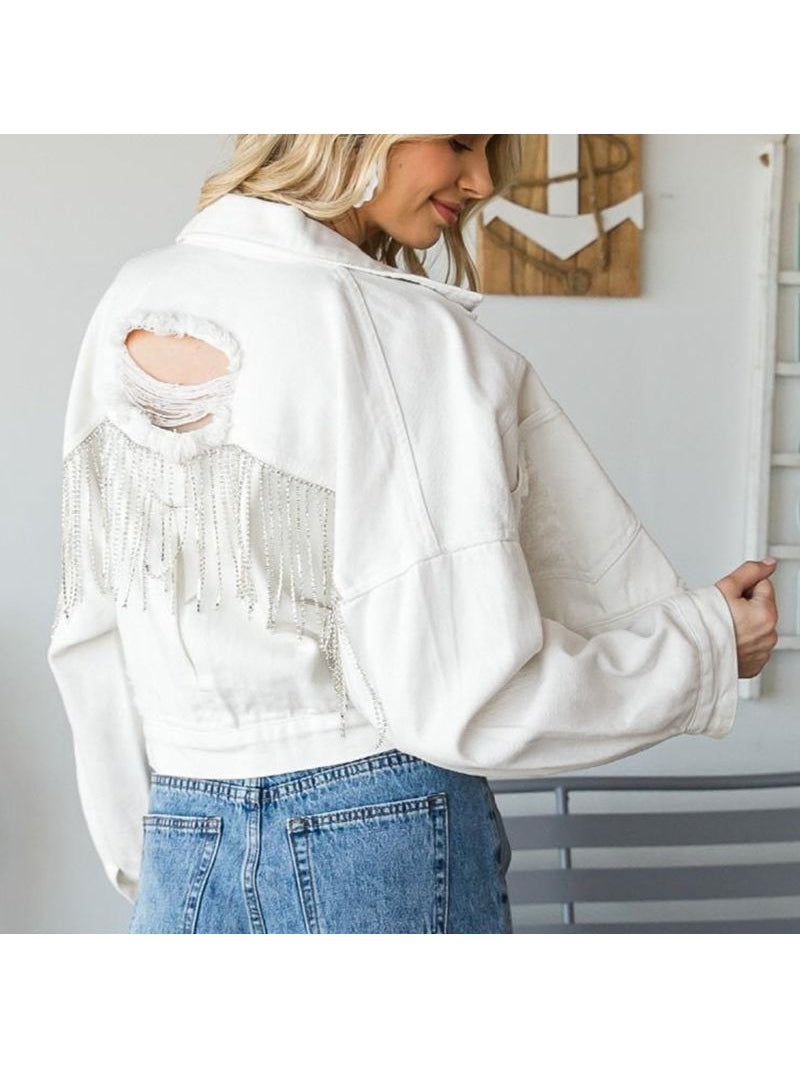 NicholesGifts Women Cropped Collared Neck Dropped Shoulder Denim Jacket