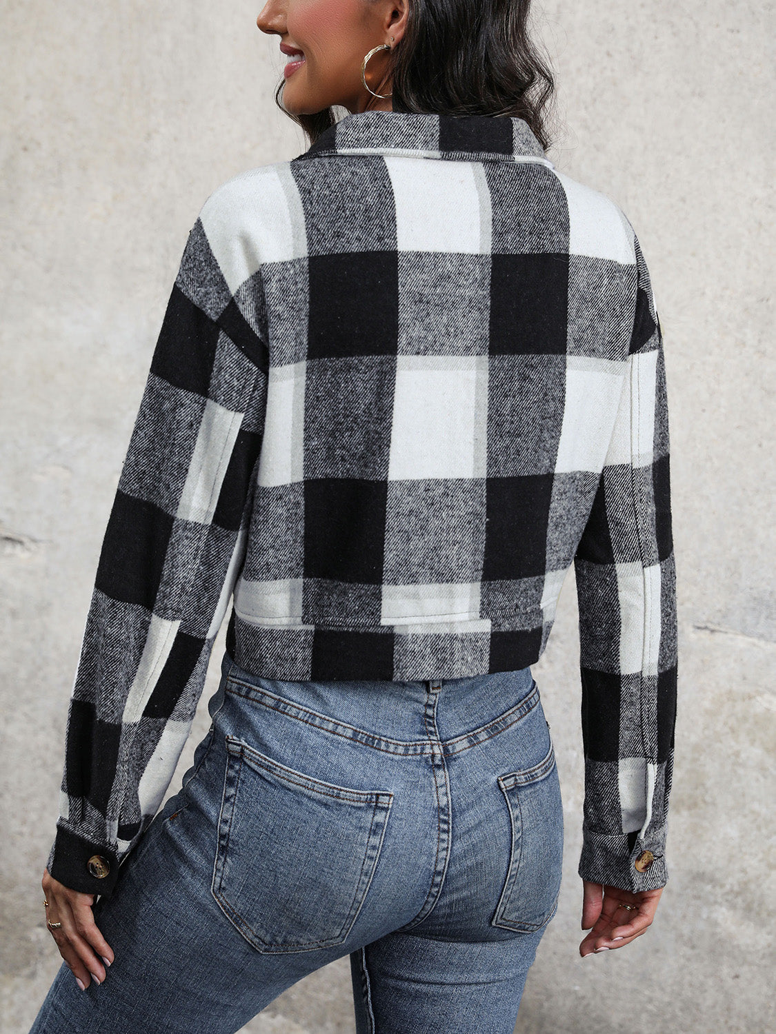 Perfee Plaid Button Up Drop Shoulder Cropped Jacket NicholesGifts