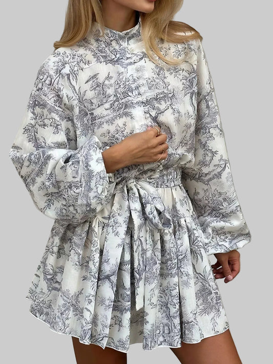 Women Printed Balloon Sleeve Tie Waist Dress nicholesgifts