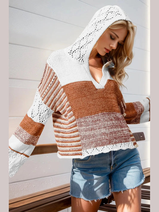 Double Take Full Size Openwork Contrast Long Sleeve Hooded Sweater Trendsi