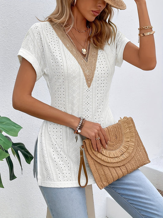 Slit Eyelet V-Neck Short Sleeve Blouse NicholesGifts