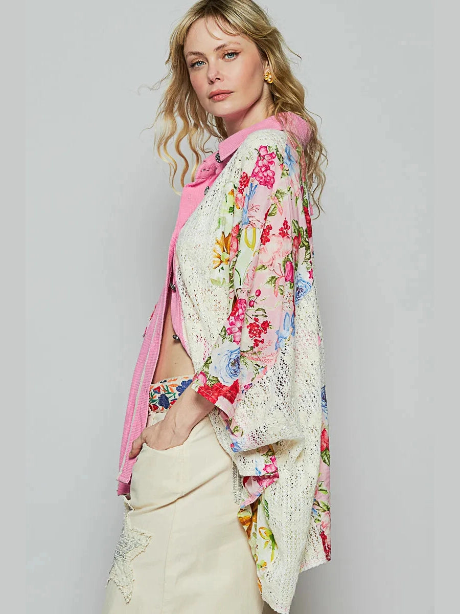 Women POL Thermal and Crochet Lace Mix Shirt with Floral Pattern