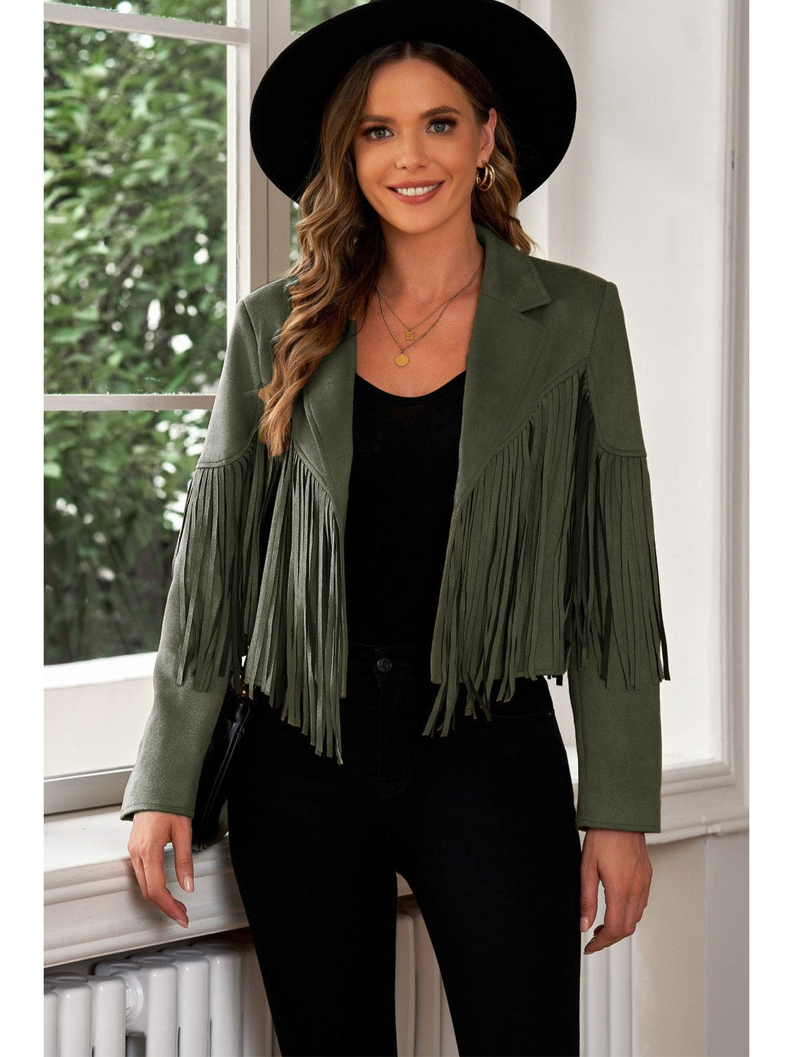 Fringe Trim Lapel Collar Cropped Blazer NicholesGifts