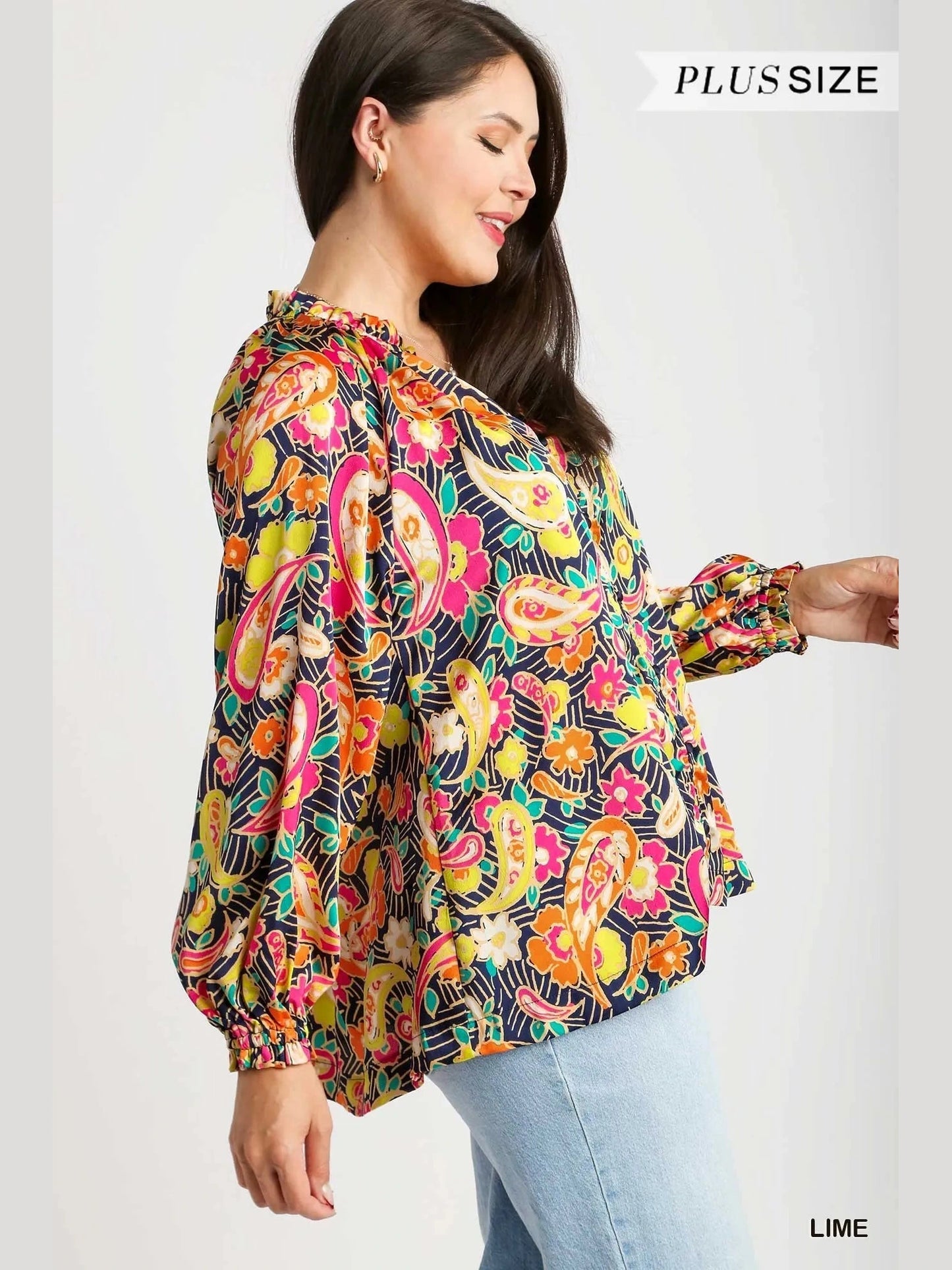 Umgee Full Size Satin Paisley Ruffle Neck Button-Up Shirt Plus Size NicholesGifts