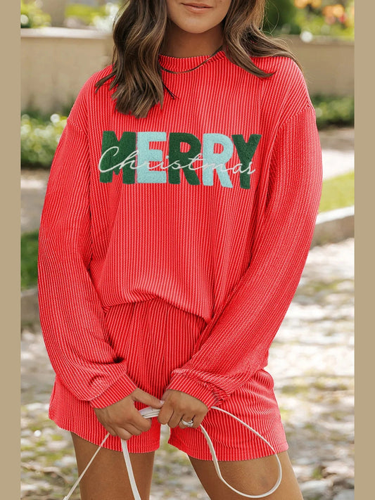 MERRY CHRISTMAS Round Neck Long Sleeve Top and Shorts Set NicholesGifts