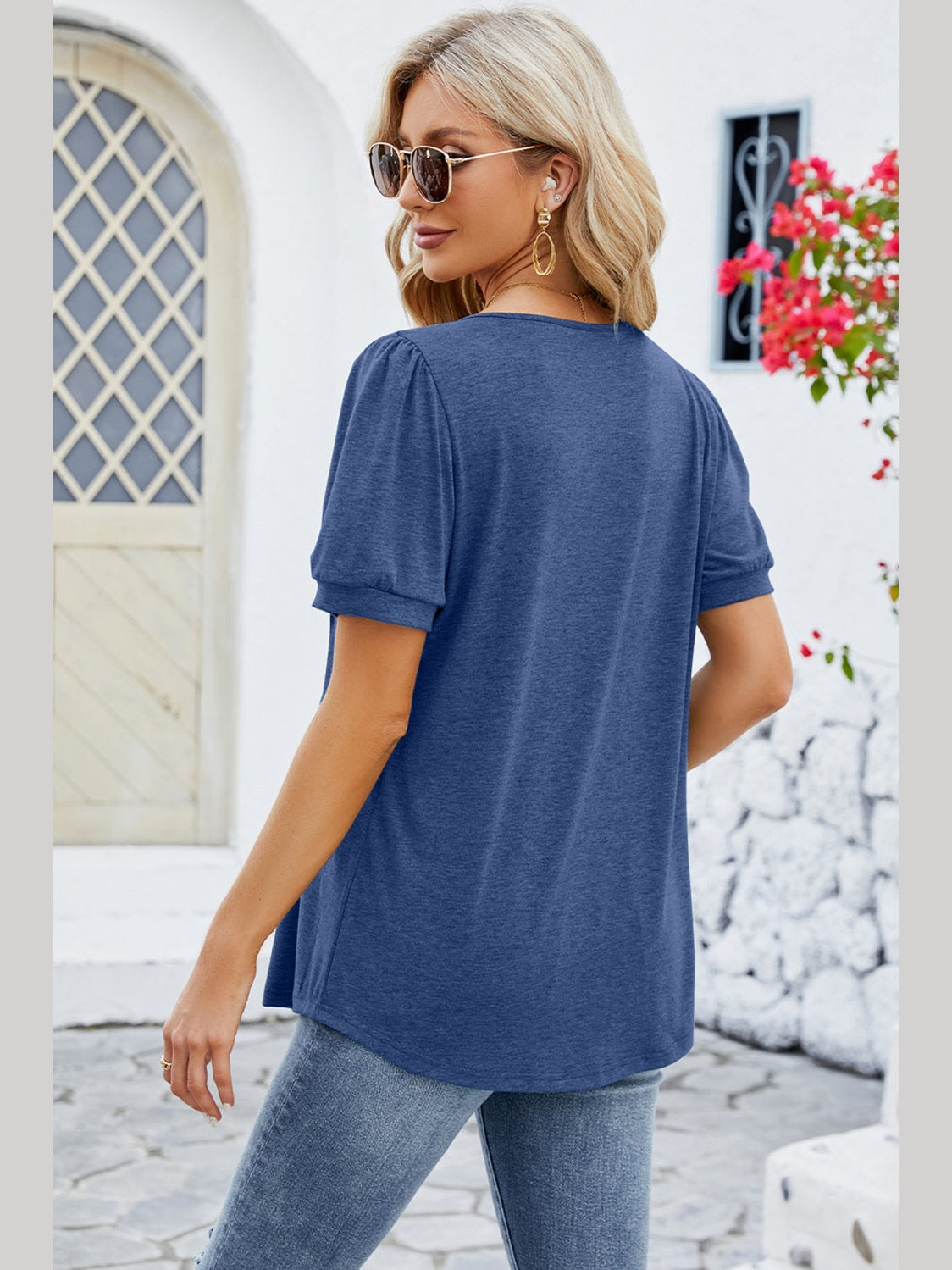 Ruched Scoop Neck Short Sleeve Blouse