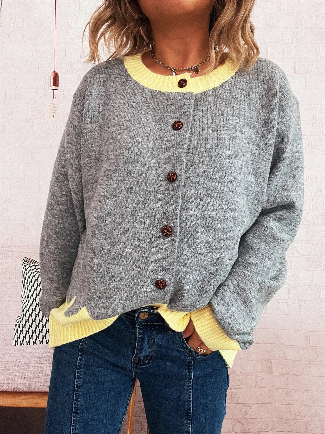 Button-Front Contrast Trim Cardigan