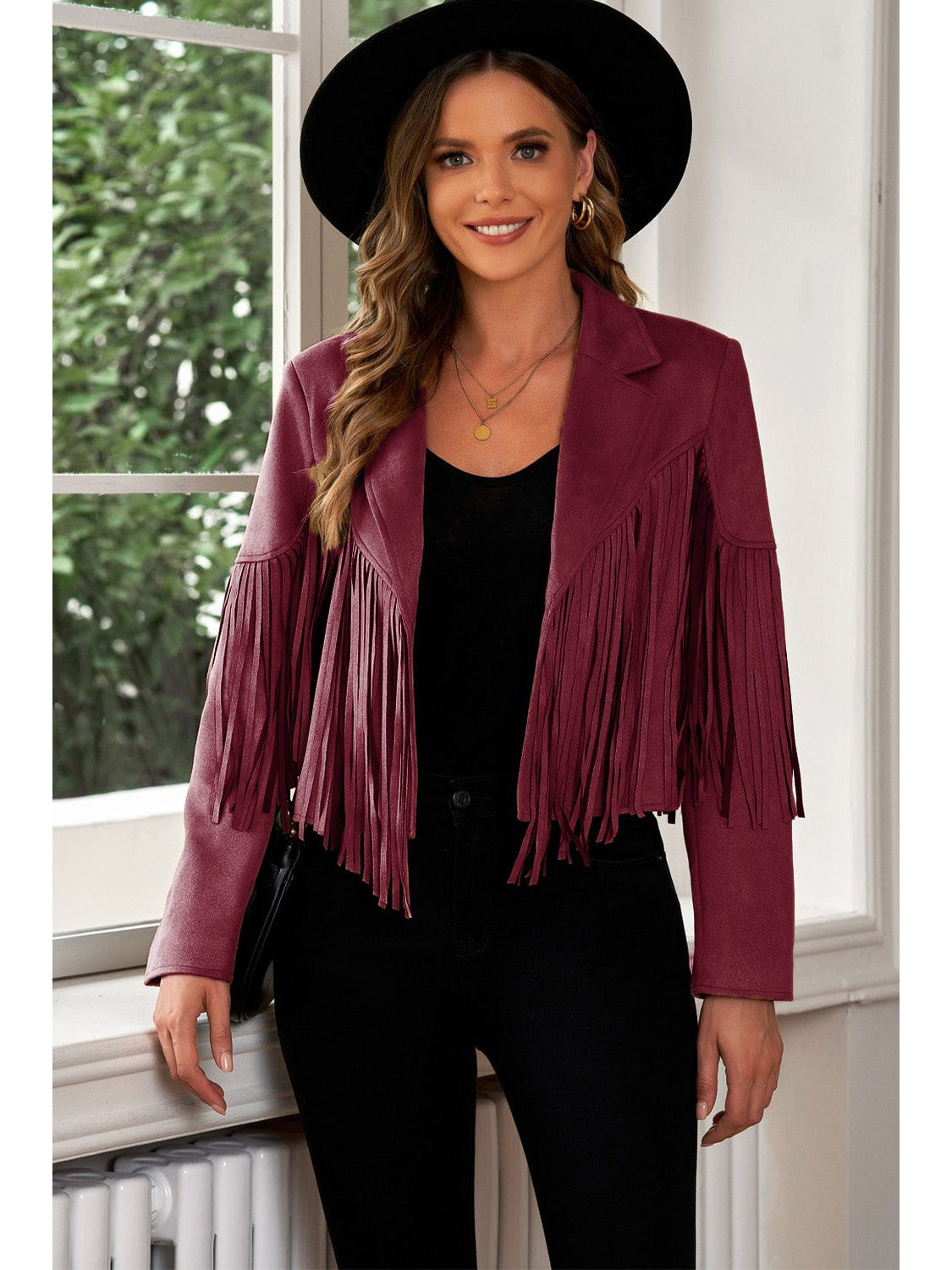 Fringe Trim Lapel Collar Cropped Blazer NicholesGifts