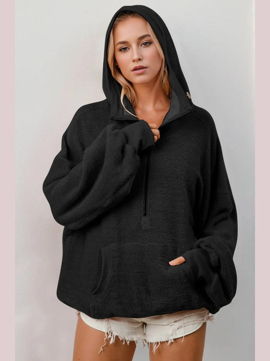 Double Take Full Size Half Zip Long Sleeve Hoodie with Kangaroo Pocket Trendsi