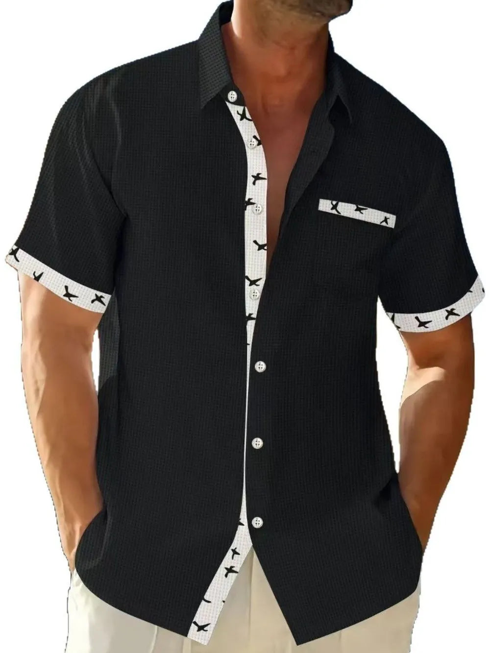 Men's Full Size Contrast Trim Waffle Knit Short Sleeve Shirt Plus Size NicholesGifts