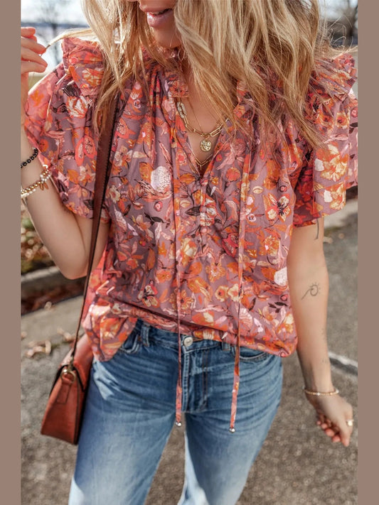 Floral Ruffled Layered Short Sleeve Tie Neck Blouse NicholesGifts