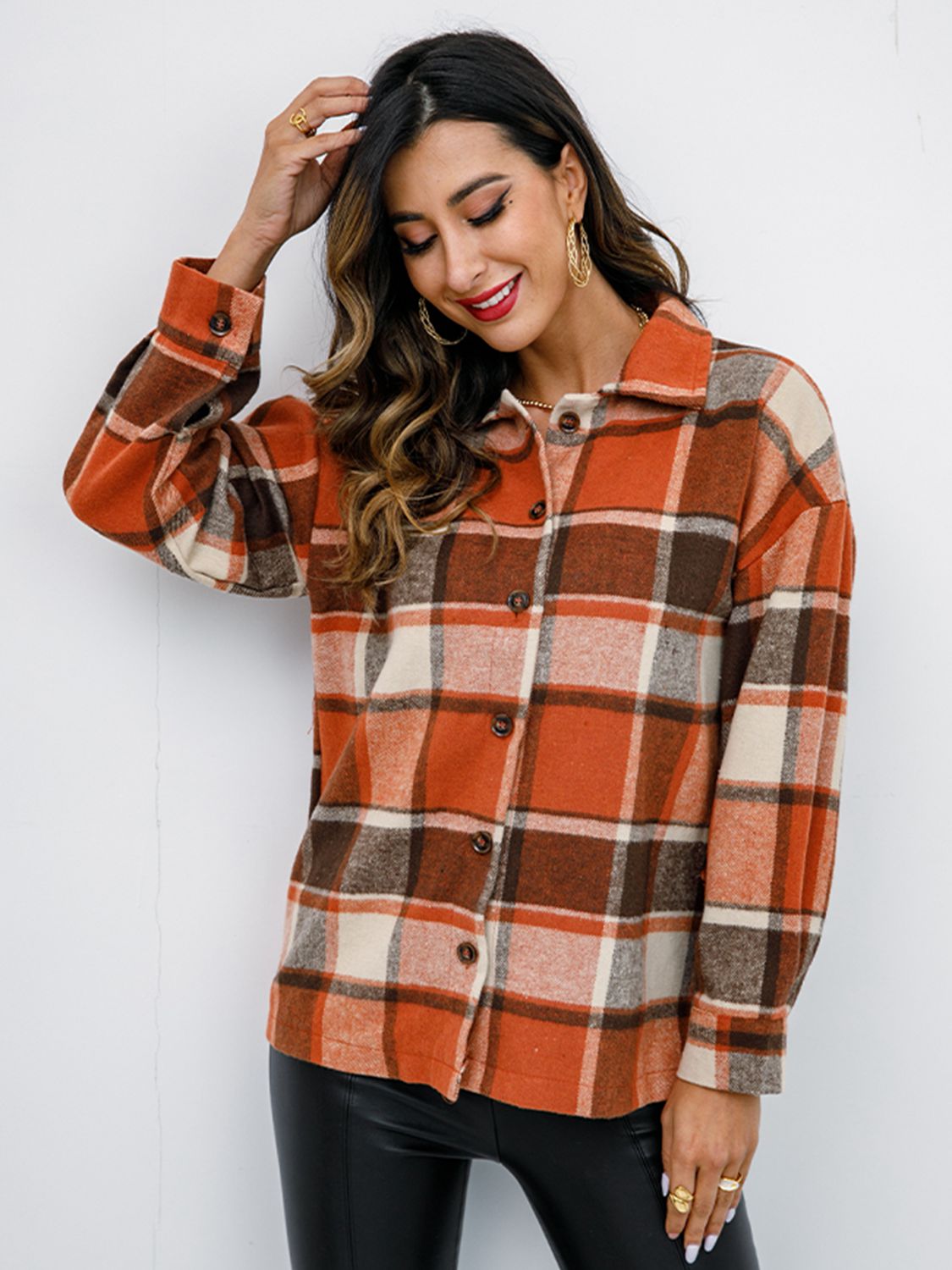 Shiny Plaid Button Up Collared Neck Jacket NicholesGifts