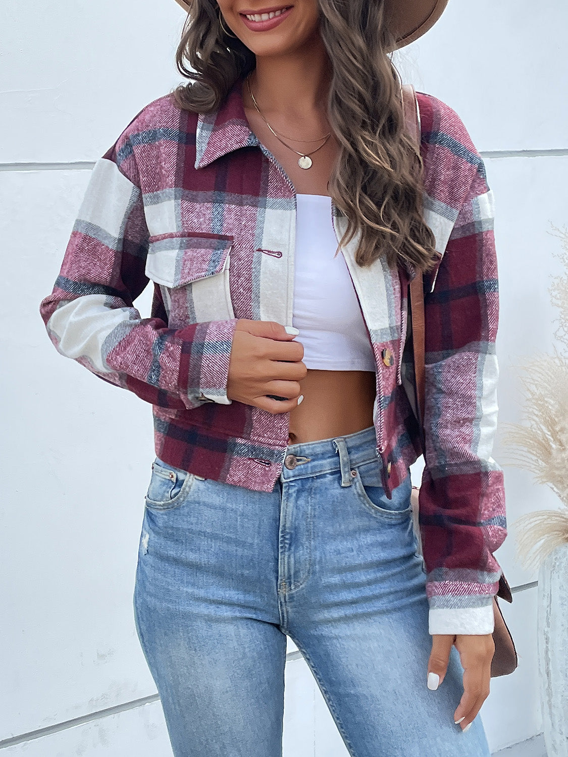 Perfee Plaid Button Up Drop Shoulder Cropped Jacket NicholesGifts