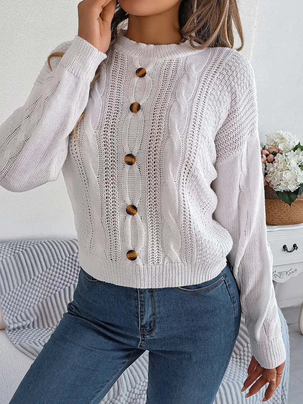 Cable-Knit Buttoned Round Neck Sweater Trendsi