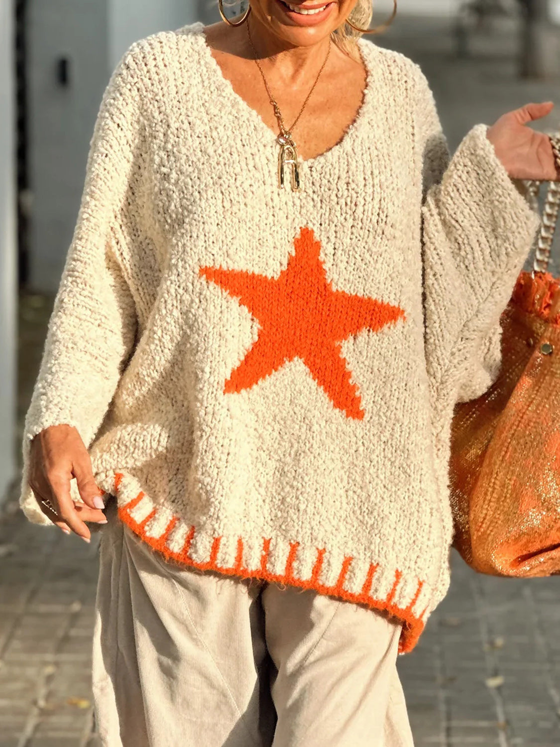 Star V-Neck Long Sleeve Oversize Sweater NicholesGifts