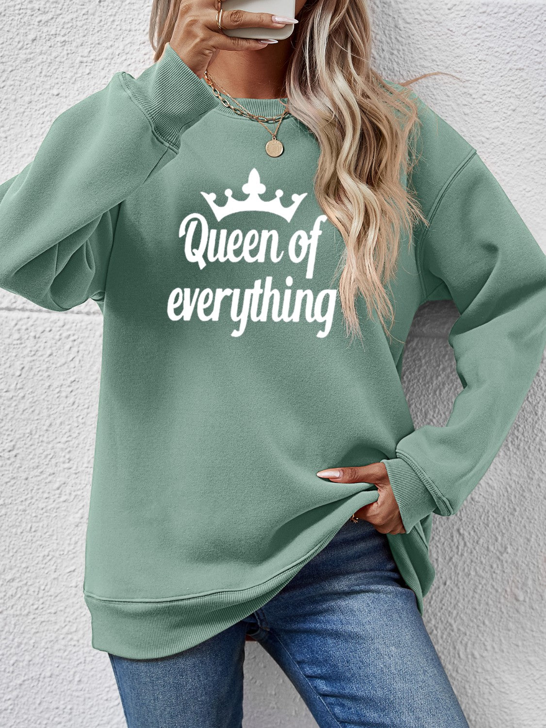 NicholesGifts Women Queen Of Everything Round Neck Sweatshirt NicholesGifts