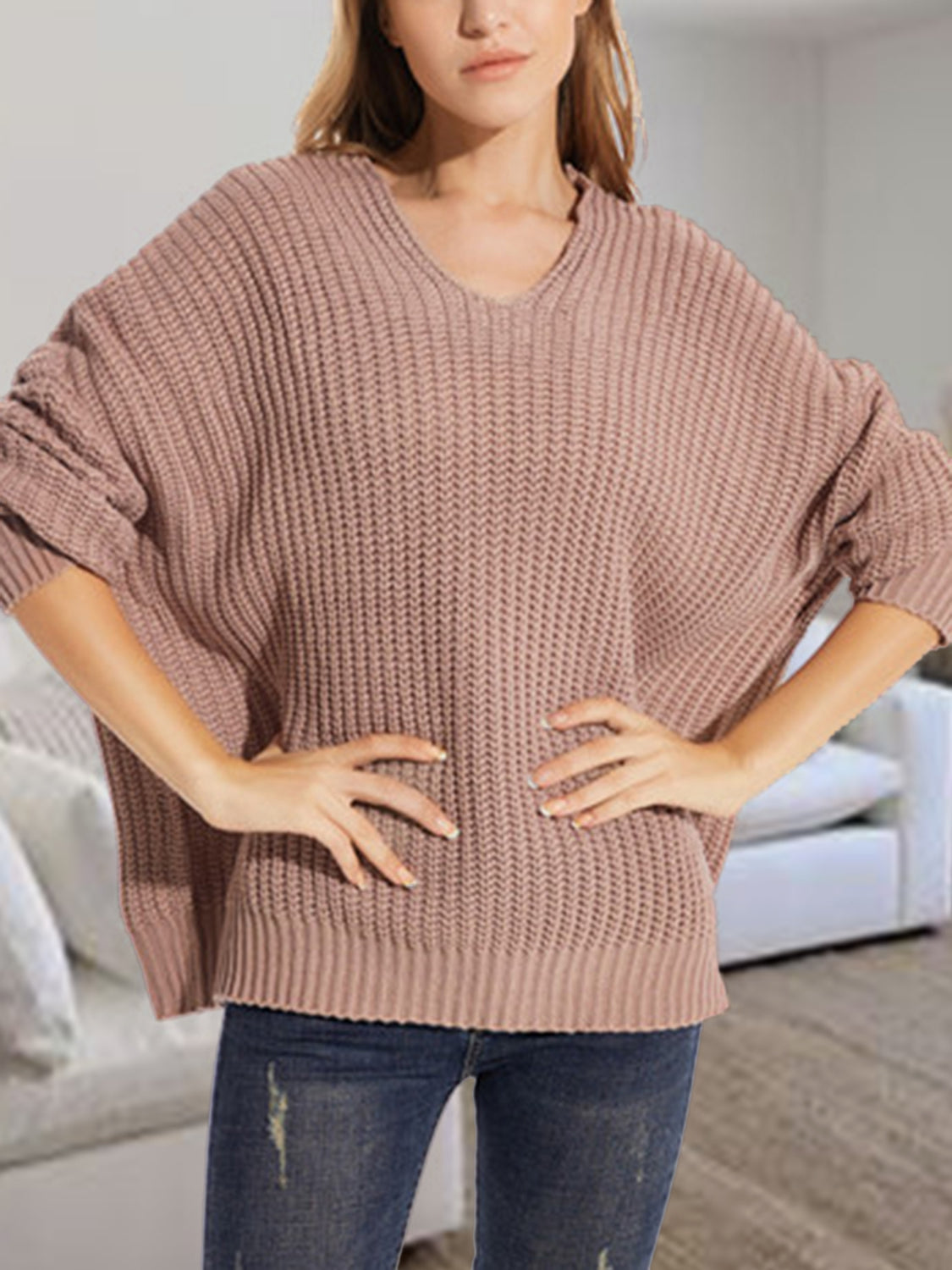 V-Neck Batwing Dropped Shoulder Sweater Trendsi