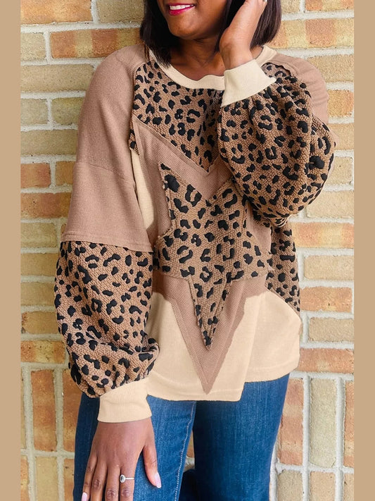 Leopard Star Patchwork Round Neck Sweatshirt nicholesgifts