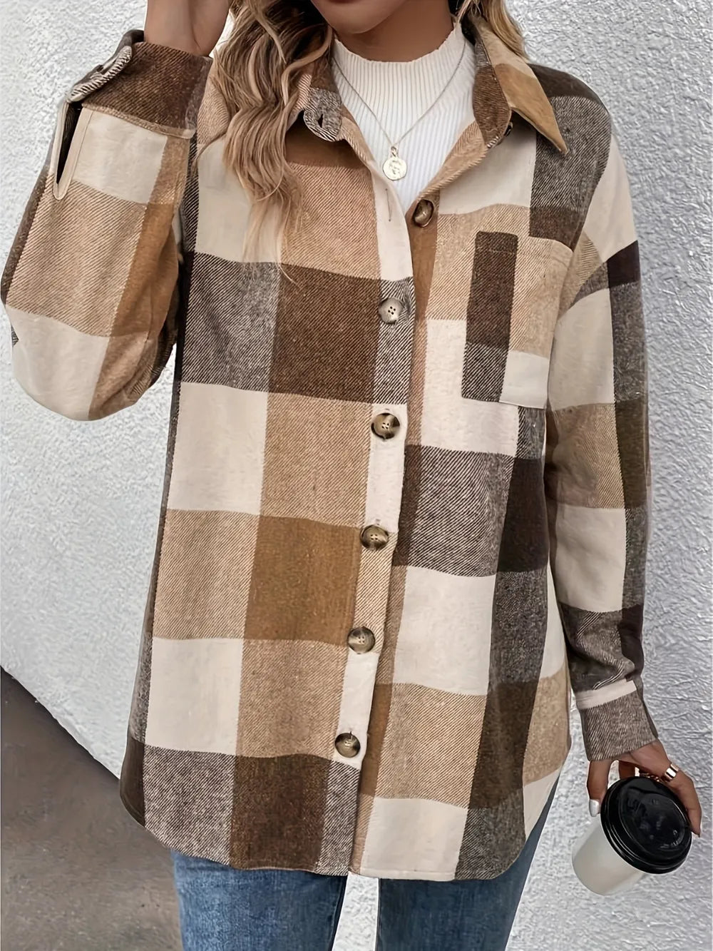 Curved Hem Plaid Collared Neck Shacket Trendsi