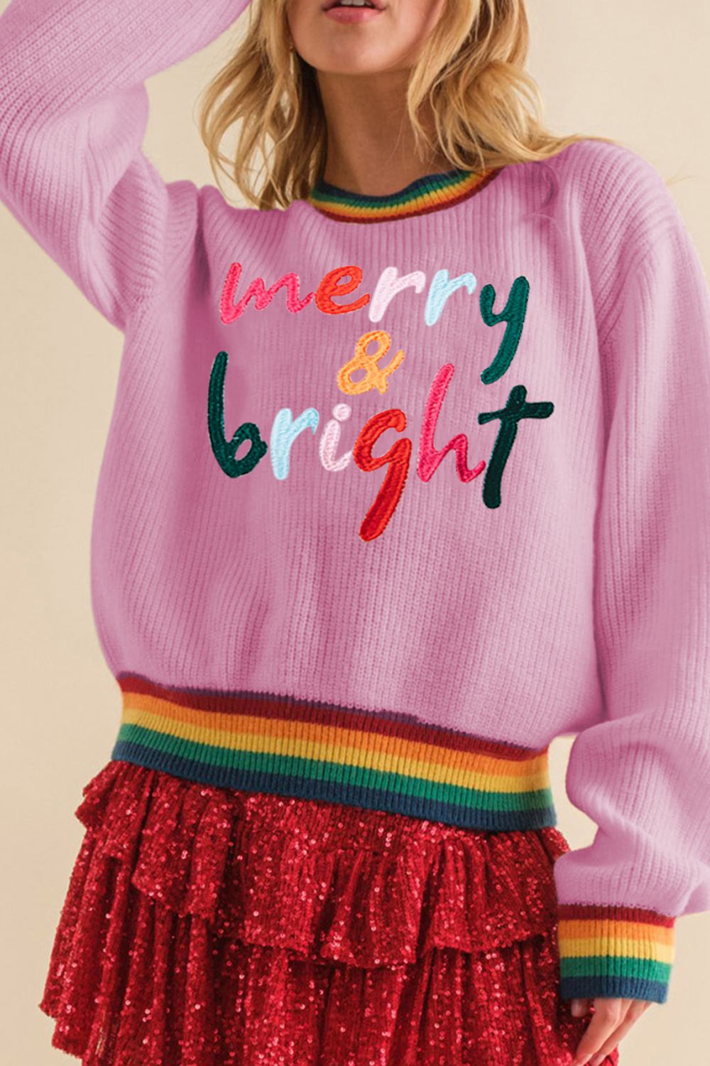 NicholesGifts Women Merry & Bright Ribbed Round Neck Christmas Sweater NicholesGifts