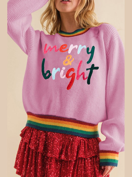 NicholesGifts Women Merry & Bright Ribbed Round Neck Christmas Sweater NicholesGifts