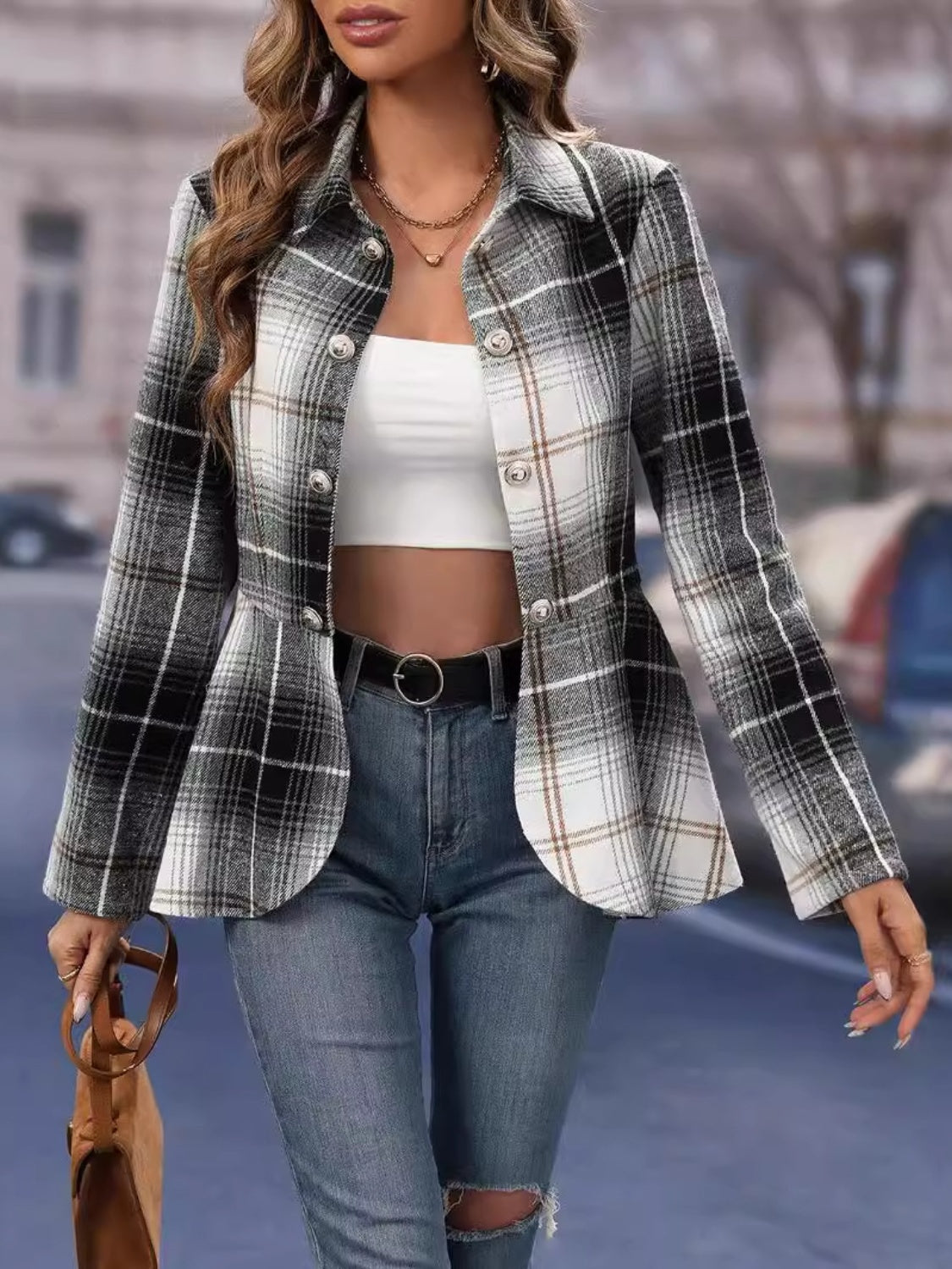Plaid Button Up Long Sleeve Jacket NicholesGifts