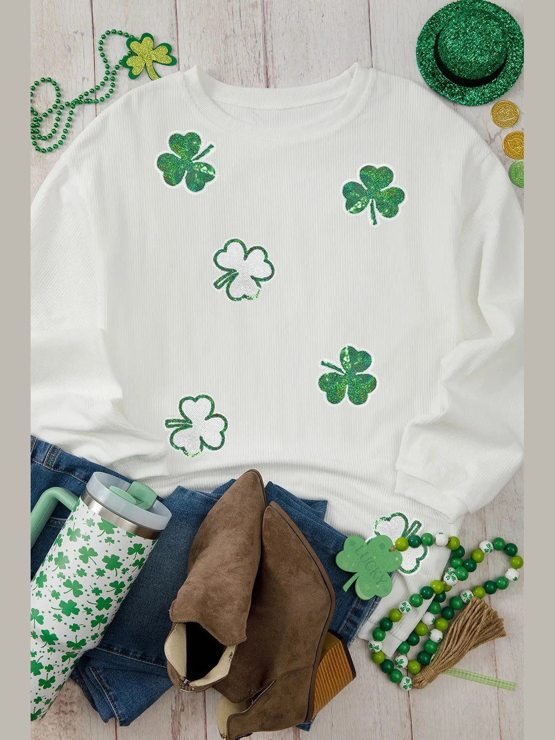 Sequin Lucky Clover Round Neck Long Sleeve Sweatshirt nicholesgifts