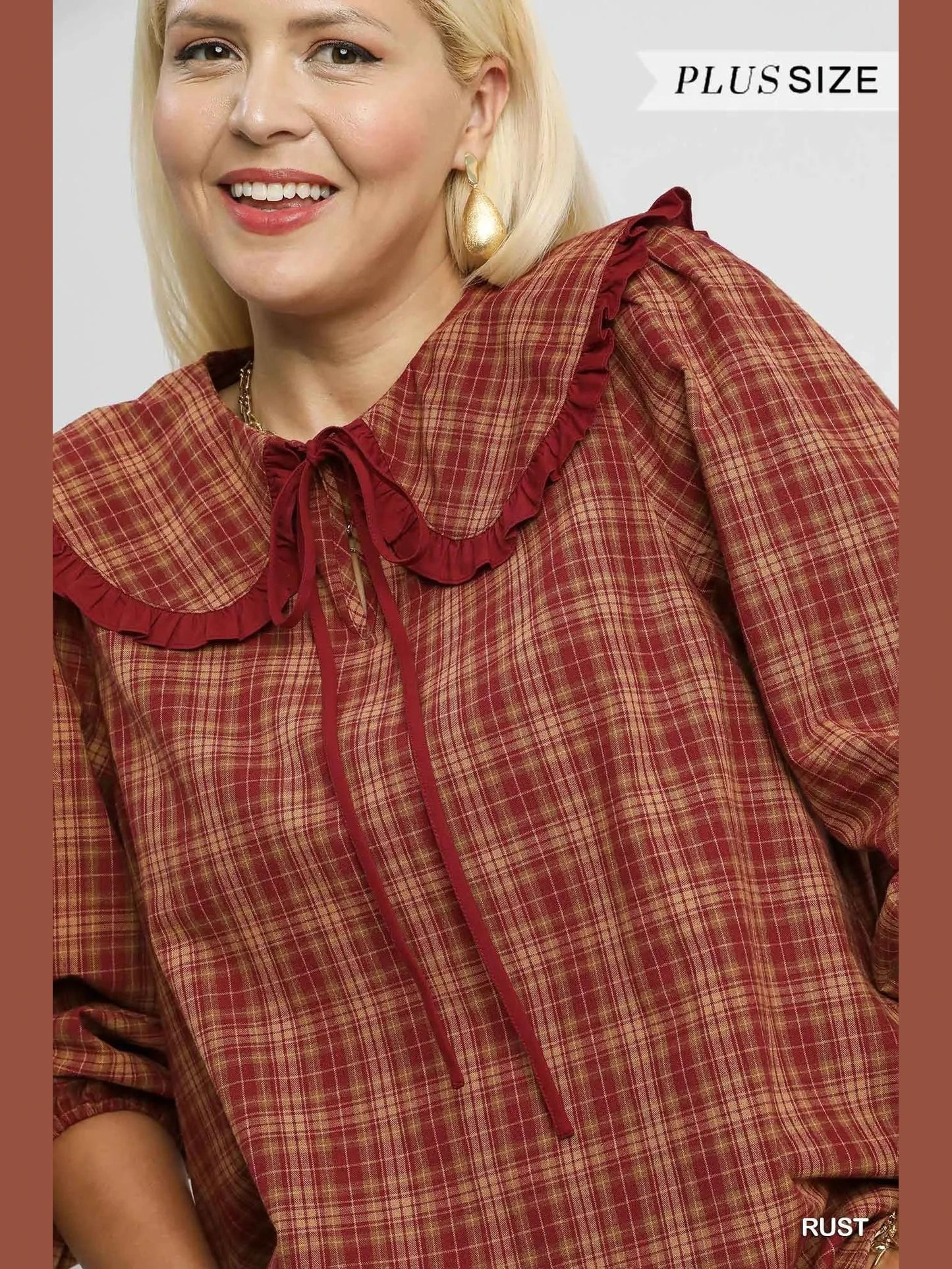 Umgee Full Size Plaid Ruffle Collar Blouse Plus Size NicholesGifts
