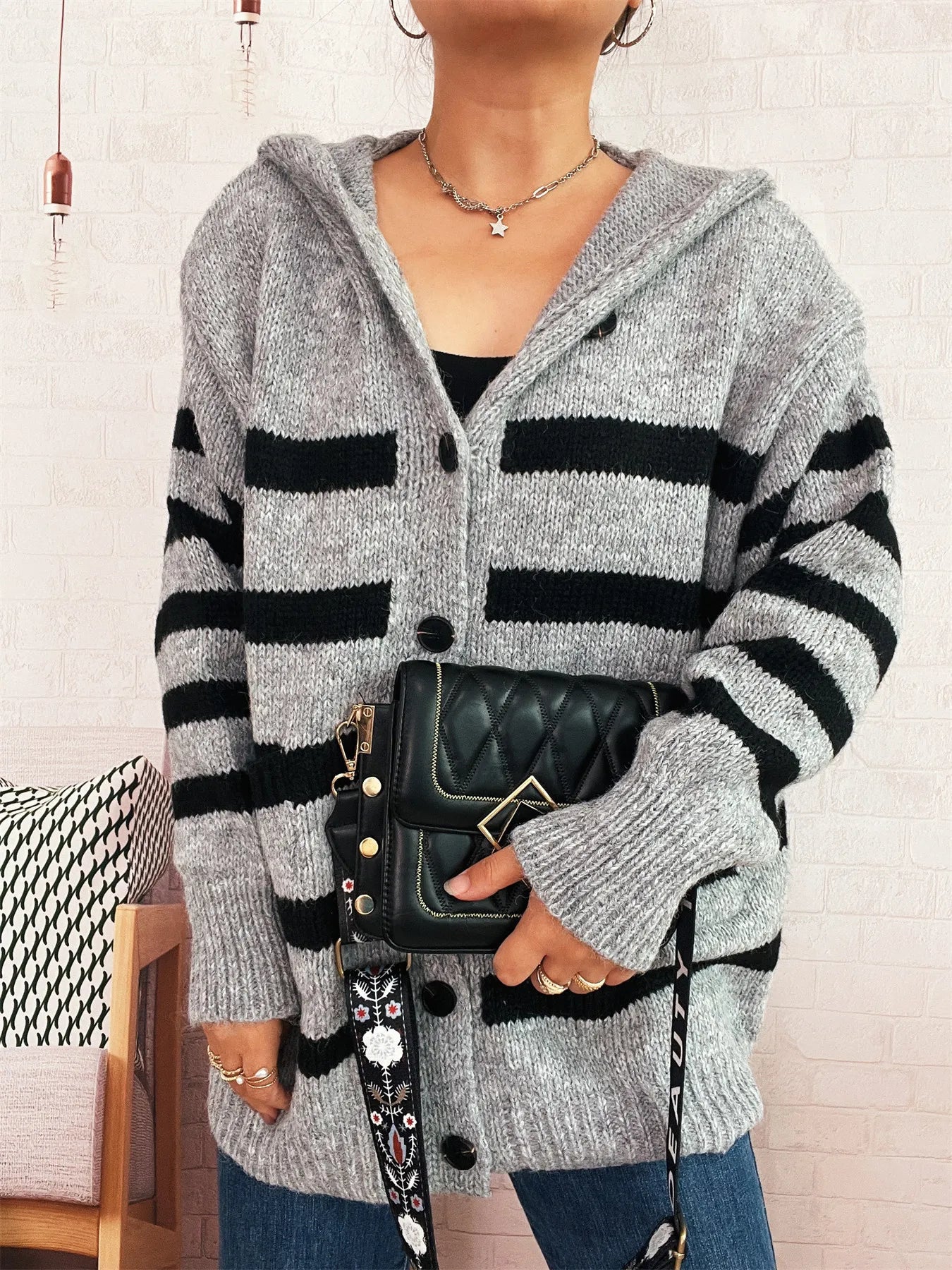 Striped Button-Up Hooded Cardigan