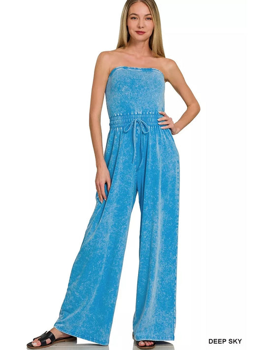 Zenana Acid Washed Strapless Tube Top Jumpsuit nicholesgifts