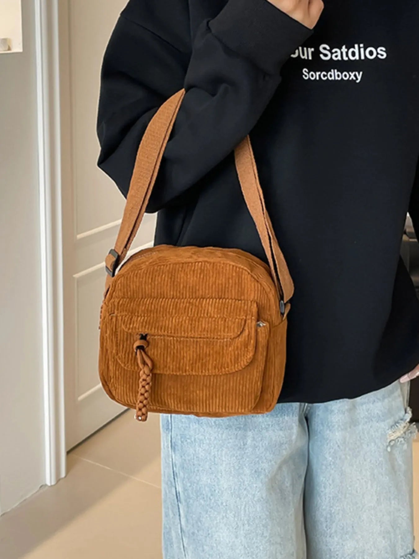 Corduroy Crossbody Bag with Adjustable Strap Trendsi