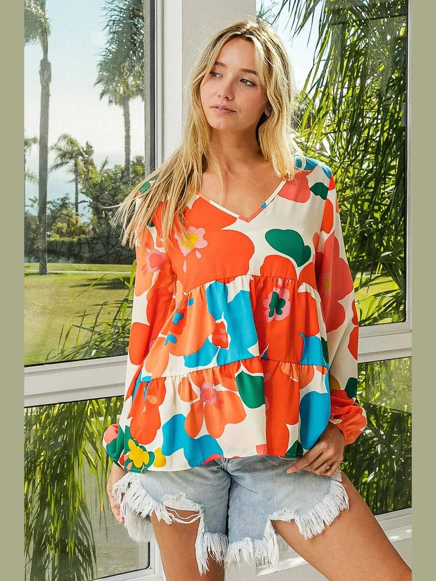 BiBi Floral Woven Tiered V Neck Top
