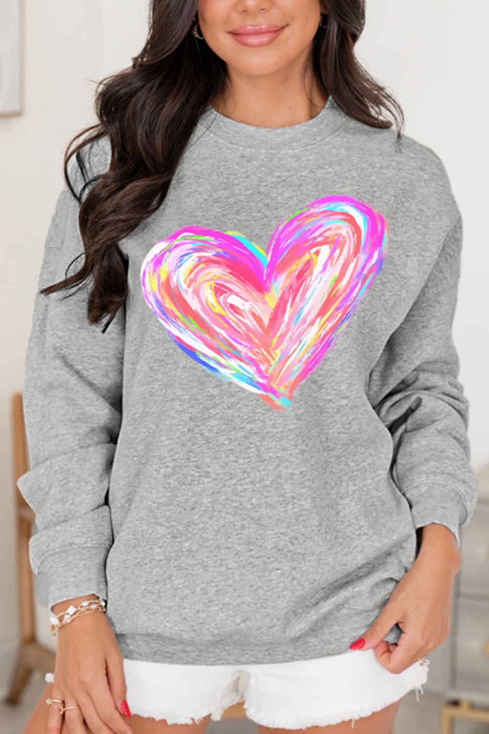 Women Valentine’s Day Heart Round Neck Drop Shoulder Sweatshirt NicholesGifts