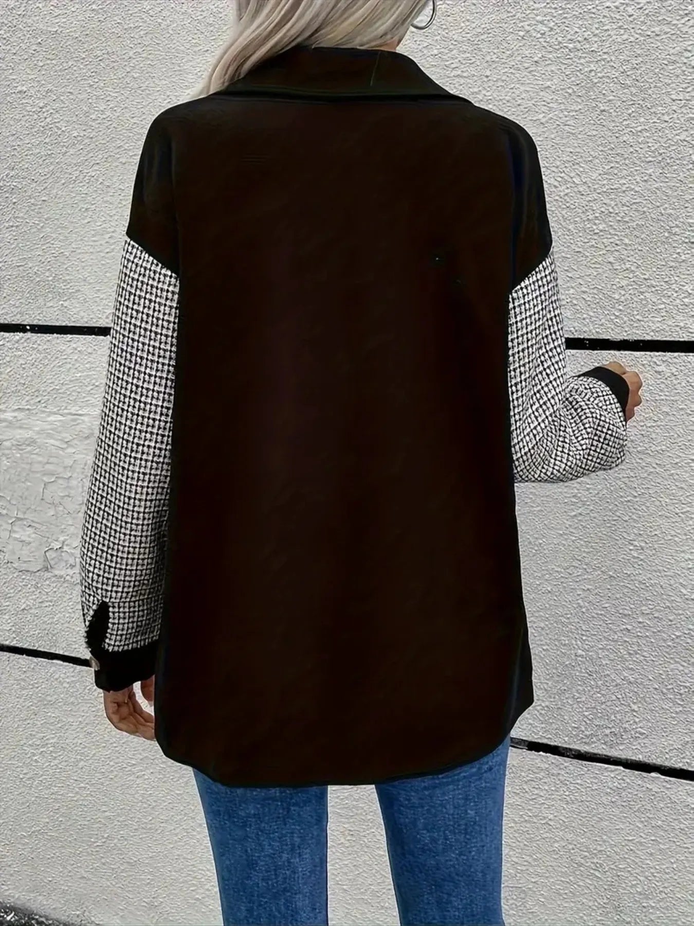 Houndstooth Contrast Button-Up Oversized Jacket Trendsi