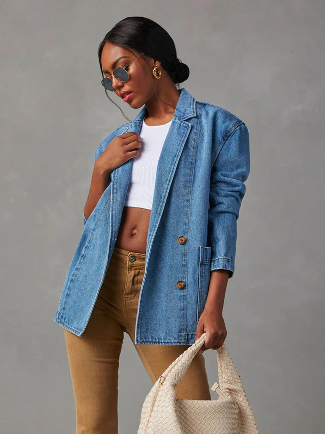 NicholesGifts Women Collared Neck Long Sleeve Denim Jacket NicholesGifts