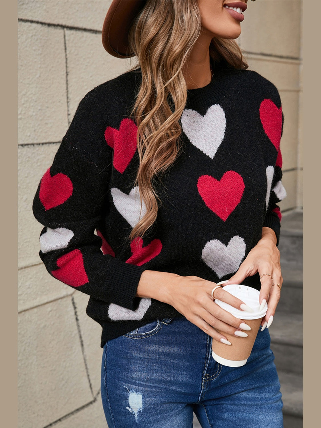Women Angel Wings Heart Round Neck Long Sleeve Sweater nicholesgifts