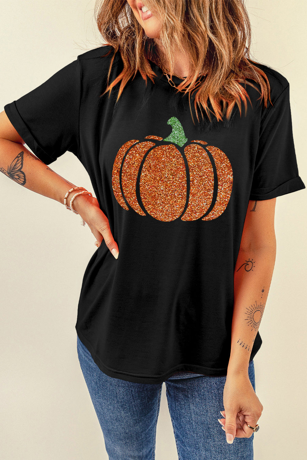 Glitter Pumpkin Round Neck Short Sleeve T-Shirt NicholesGifts