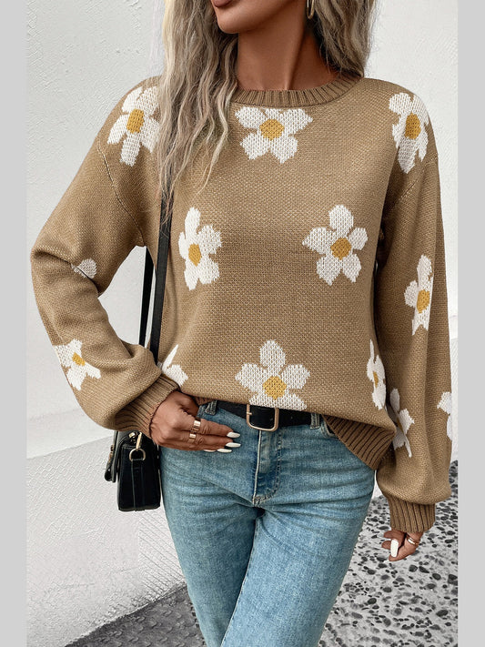 Perfee Floral Dropped Shoulder Sweater nicholesgifts