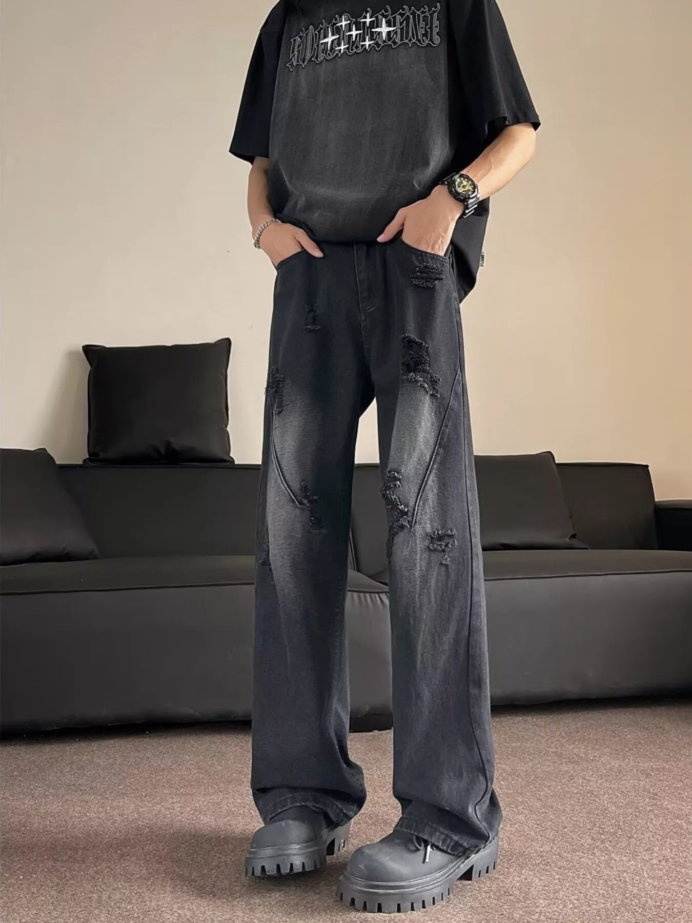 Men's Full Size Distressed Wide Leg Jeans Plus Size
