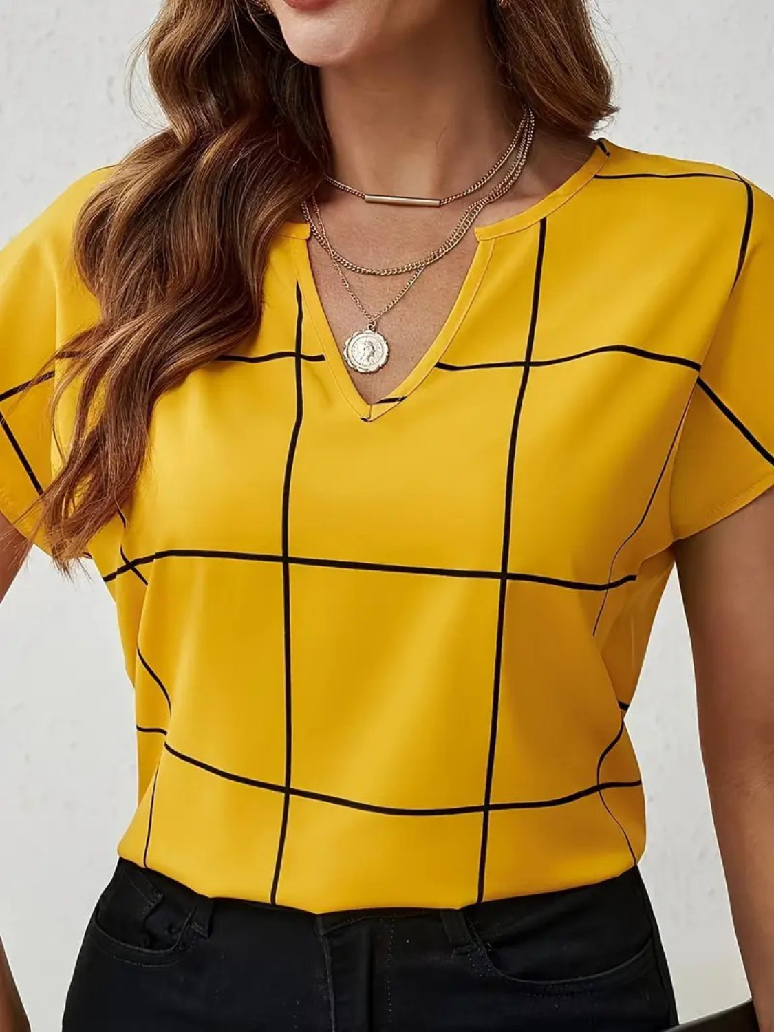 Women Plaid Contrast Notched Blouse NicholesGifts